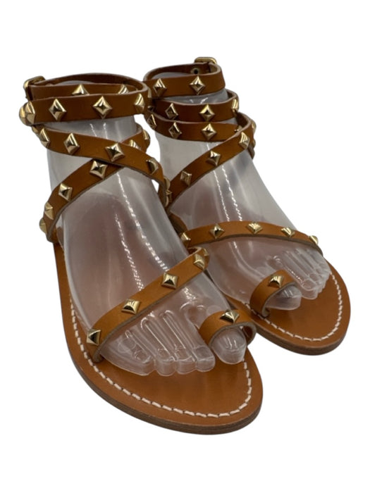 K Jacques Shoe Size 38 Brown Leather Gold Studs toe strap Ankle Wrap Sandals Brown / 38