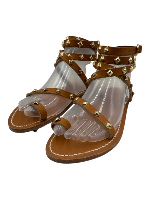 K Jacques Shoe Size 38 Brown Leather Gold Studs toe strap Ankle Wrap Sandals Brown / 38
