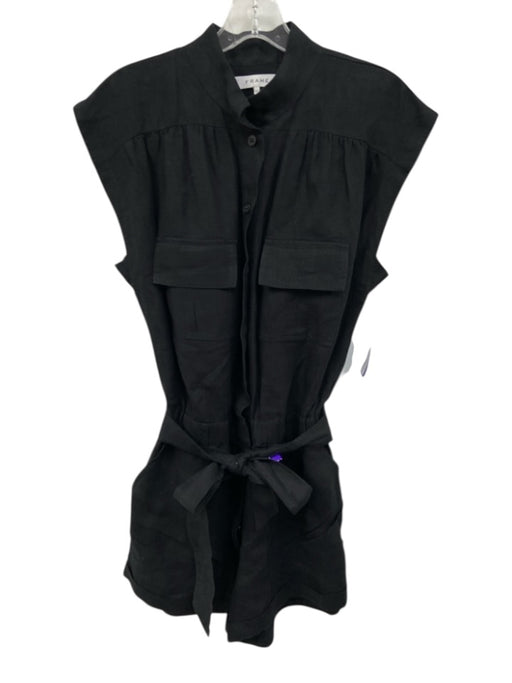 Frame Size S Black Linen Utility Button Front Sash Sleeveless Romper Black / S