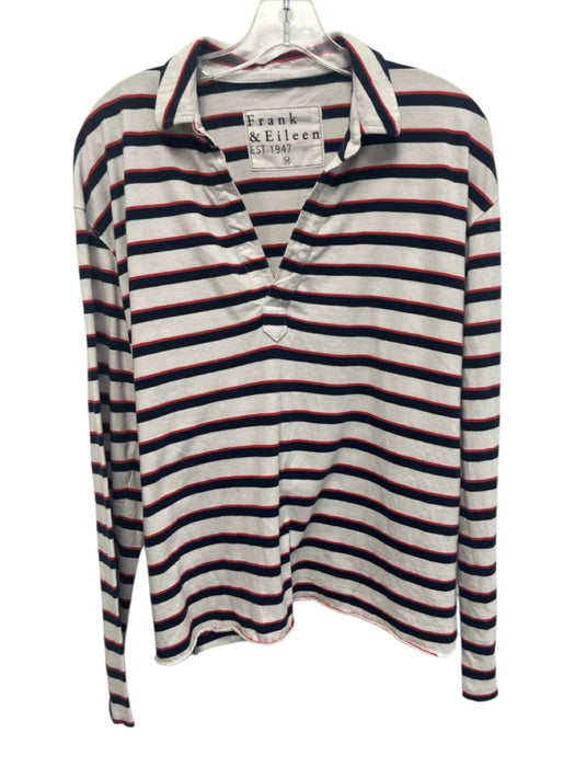 Frank & Eileen Size M White, Navy Blue, Red Cotton Stripe Collar Long Sleeve Top White, Navy Blue, Red / M