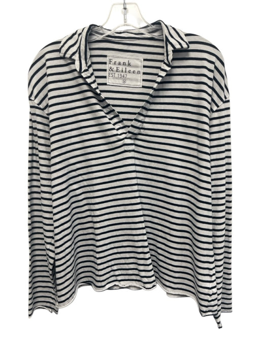 Frank & Eileen Size M Navy Blue & White Cotton Stripe Collar Long Sleeve Top Navy Blue & White / M