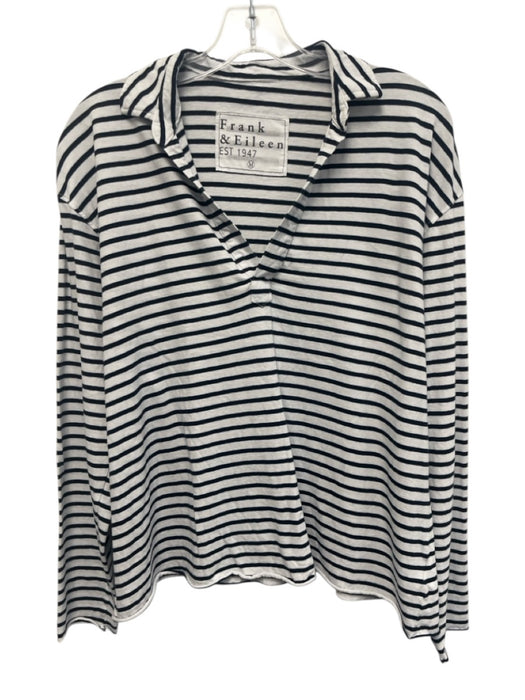 Frank & Eileen Size M Navy Blue & White Cotton Stripe Collar Long Sleeve Top Navy Blue & White / M
