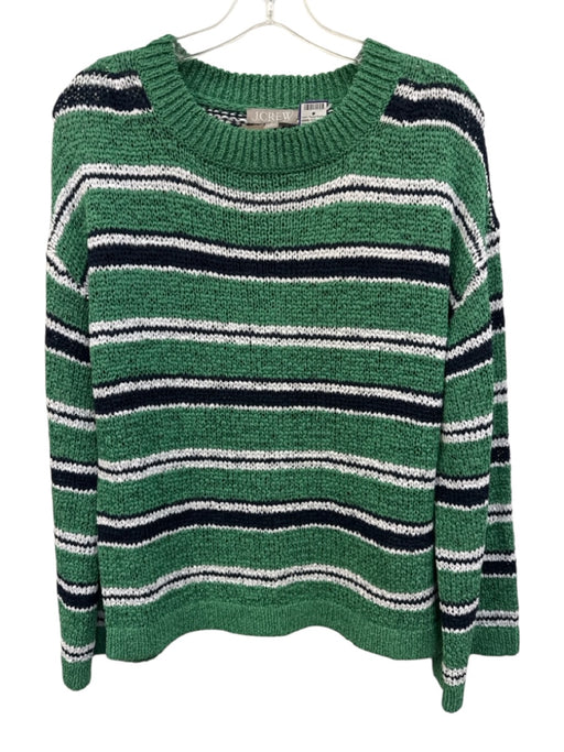 J. Crew Size M Green, White, Navy Cotton Blend Chunky Knit Stripe Sweater Green, White, Navy / M