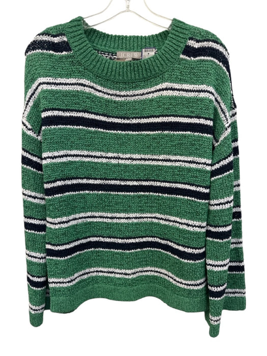 J. Crew Size M Green, White, Navy Cotton Blend Chunky Knit Stripe Sweater Green, White, Navy / M