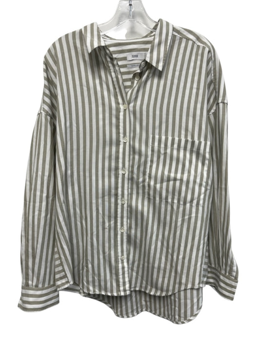 Closed Size L Sage Green & White Cotton Vertical Stripes Button Long Sleeve Top Sage Green & White / L