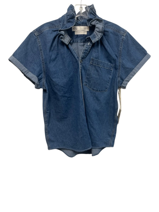 KMJ Size M Medium Wash Cotton Denim Short Cuff Sleeve Button Front Pockets Top Medium Wash / M