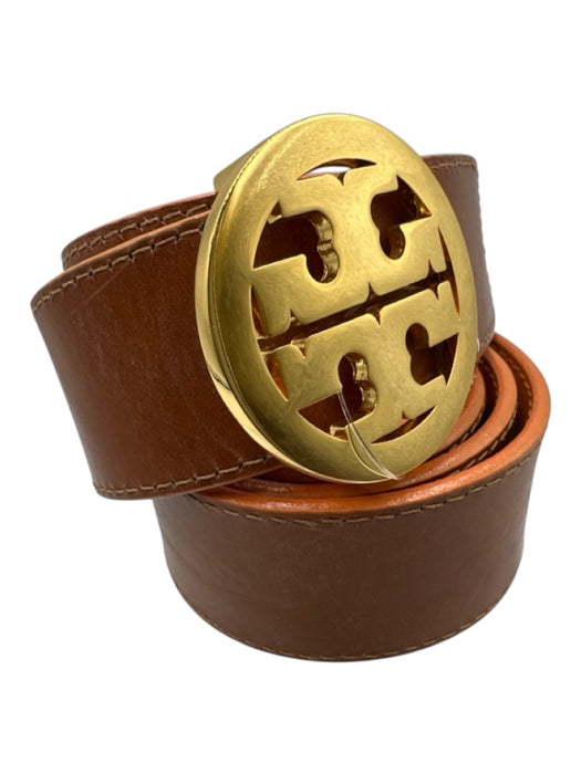 Tory Burch Gold, Brown, Orange Metal & Leather Gold hardware Logo Belts Gold, Brown, Orange / S