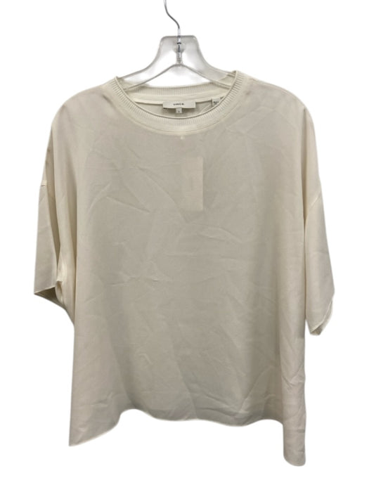 Vince Size Small White Silk Short Sleeve Sheer Ribbed Mixed Fabric Top White / Small