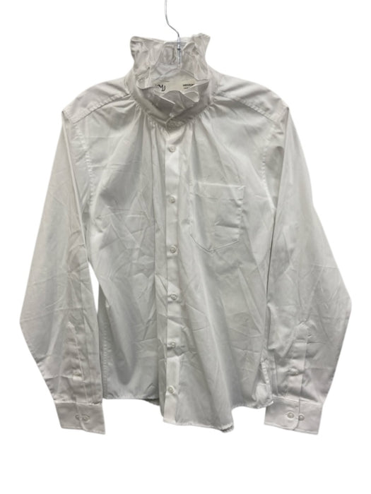 KMJ Size Medium White Cotton Blend Long Sleeve Ruffle Neckline Button Front Top White / Medium
