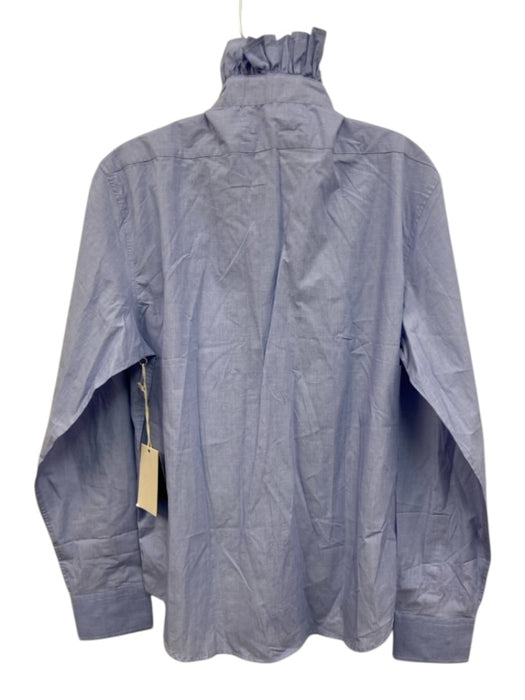 KMJ Size Medium Blue Cotton Blend Long Sleeve Ruffle Neckline Button Front Top Blue / Medium
