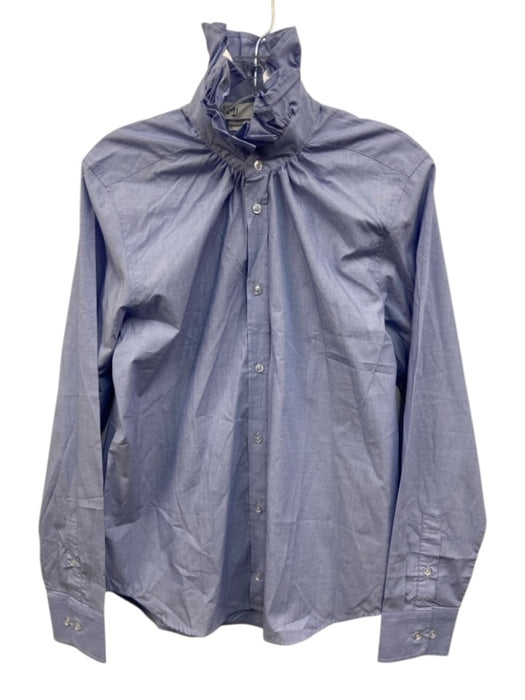 KMJ Size Medium Blue Cotton Blend Long Sleeve Ruffle Neckline Button Front Top Blue / Medium