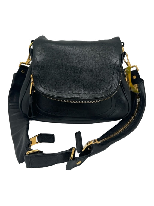 Tom Ford Black Leather Gold hardware Shoulder Bag Zipper Detail flap Bag Black / S