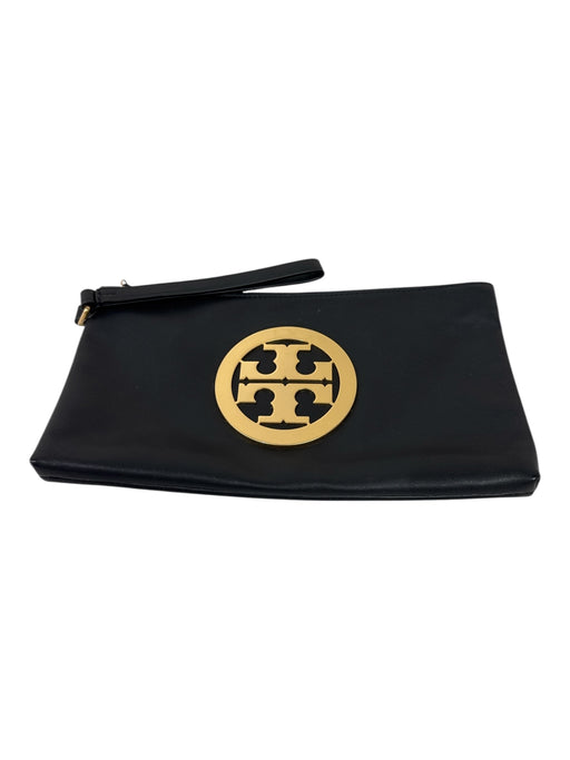 Tory Burch Black & Gold Leather Zip Top Gold Logo Wristlet Clutch Bag Black & Gold / Small