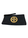 Tory Burch Black & Gold Leather Zip Top Gold Logo Wristlet Clutch Bag Black & Gold / Small