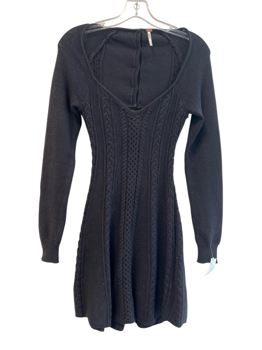 Free People Size S Black Viscose Blend Knit Open Back Long Sleeve V Neck Dress Black / S