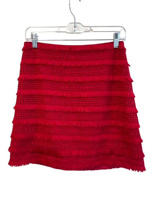 J Crew Size 0 Red Polyester Fringe Zip Back Pattern Above Knee Skirt Red / 0