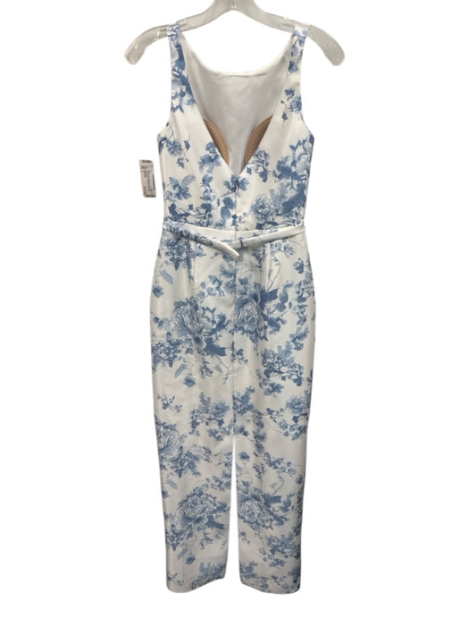 Alfred Sung Size 2 White & Blue Polyester Satin Floral Column Midi Dress White & Blue / 2