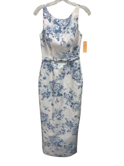 Alfred Sung Size 2 White & Blue Polyester Satin Floral Column Midi Dress White & Blue / 2