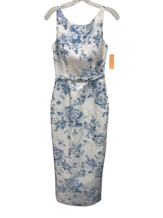Alfred Sung Size 2 White & Blue Polyester Satin Floral Column Midi Dress White & Blue / 2
