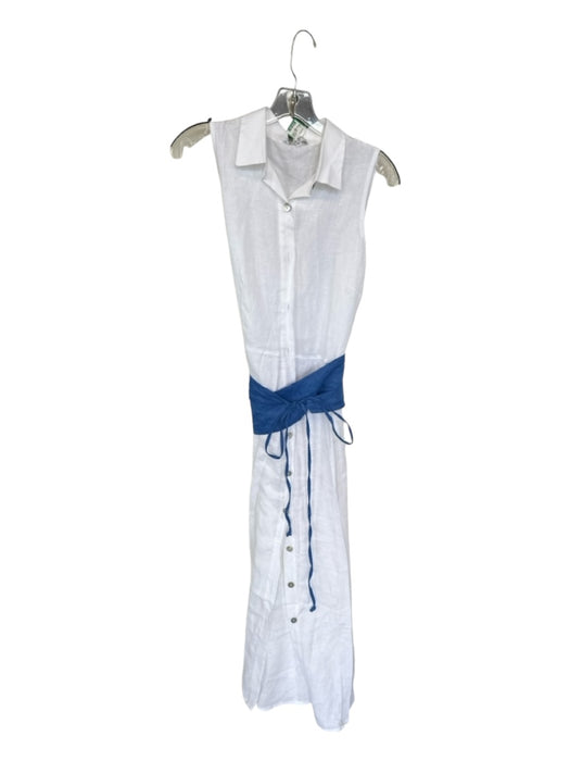 Angela Romano Amalfi Size S White & Blue Linen Sleeveless Button Down Maxi Dress White & Blue / S