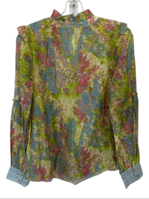 Loveshackfancy Size M Green & Pink Cotton & Silk Long Sleeve Watercolor Top Green & Pink / M