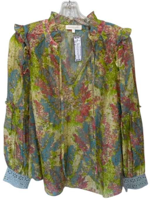 Loveshackfancy Size M Green & Pink Cotton & Silk Long Sleeve Watercolor Top Green & Pink / M