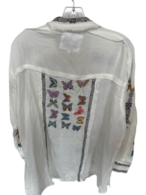 Johnny Was Size L White & Multi Cotton Blend Butterfly Frayed Button Down Top White & Multi / L
