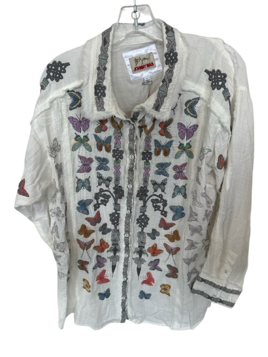 Johnny Was Size L White & Multi Cotton Blend Butterfly Frayed Button Down Top White & Multi / L