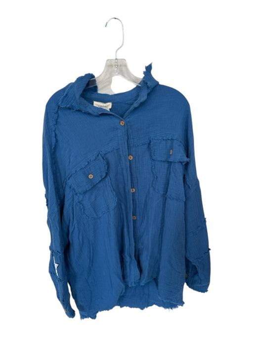 Fantastic Fawn Size L Blue Cotton Stars Sequin Raw Hem Button Down Top Blue / L