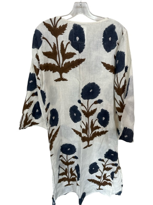 Maison Marigold Size M White, Blue & Brown Linen Flower Front Tie V Neck Dress White, Blue & Brown / M