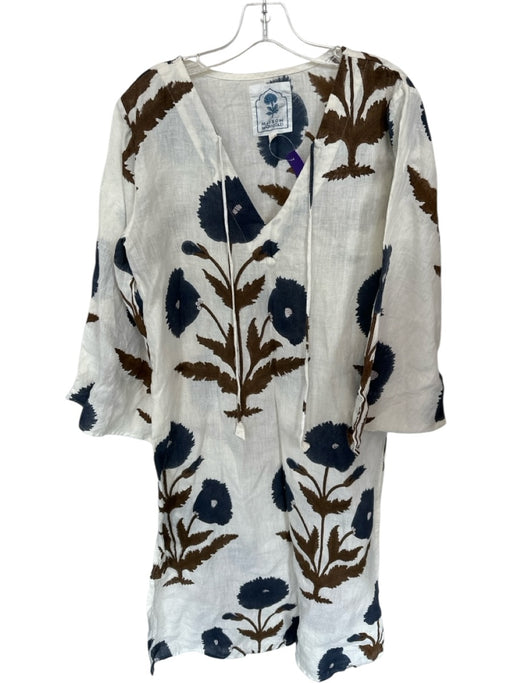 Maison Marigold Size M White, Blue & Brown Linen Flower Front Tie V Neck Dress White, Blue & Brown / M
