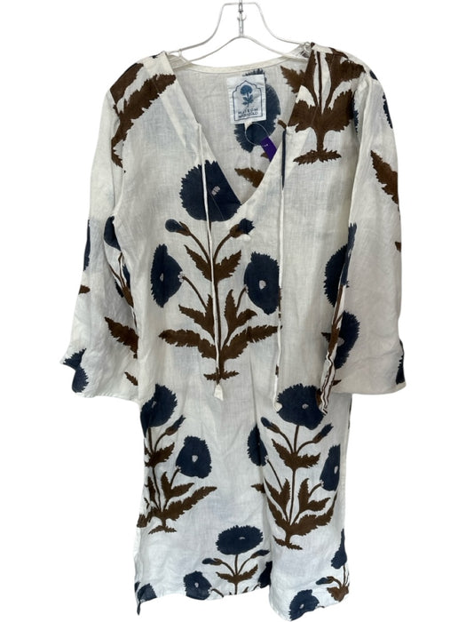 Maison Marigold Size M White, Blue & Brown Linen Flower Front Tie V Neck Dress White, Blue & Brown / M
