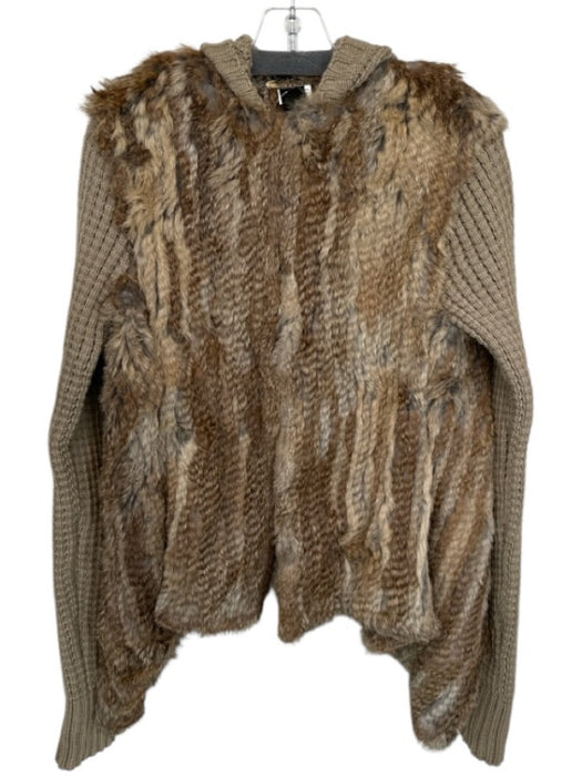 LaROK Size L Brown & Grey Rabbit Fur Knit Long Sleeve Hood Knit Sweater Brown & Grey / L