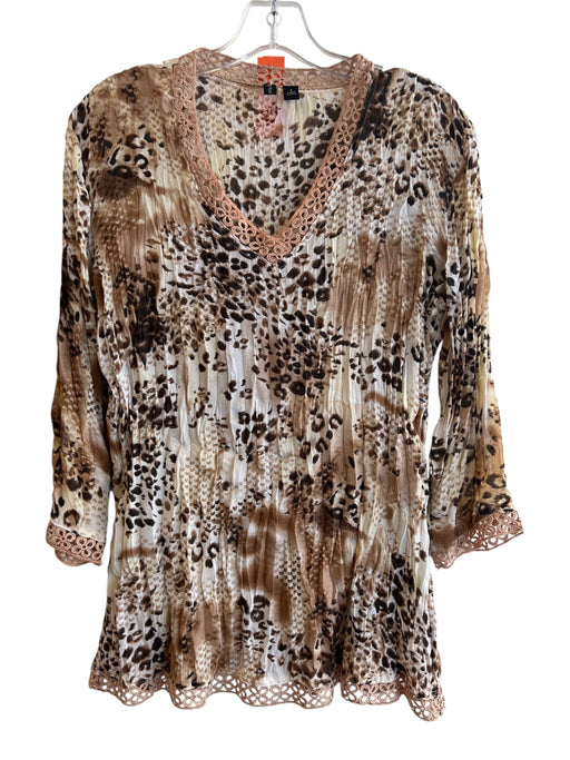 Essentials by Milano Size S Brown & Cream Polyester V Neck Lace design Top Brown & Cream / S
