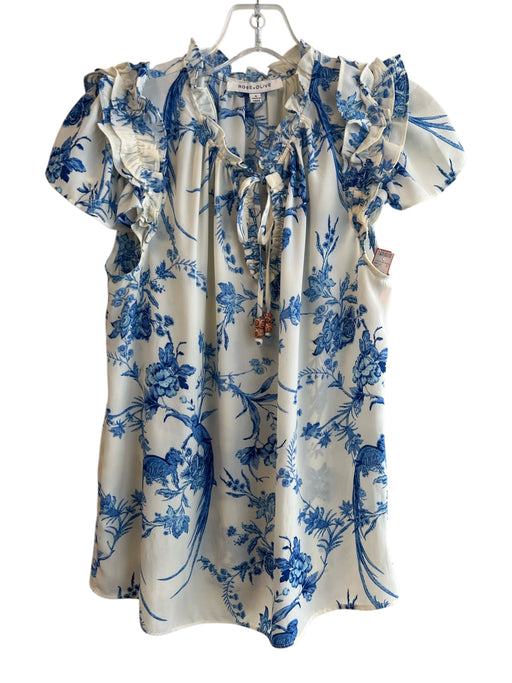 Rose + Olive Size S Cream & Blue Polyester Tie V Neck Ruffle Detail Top Cream & Blue / S