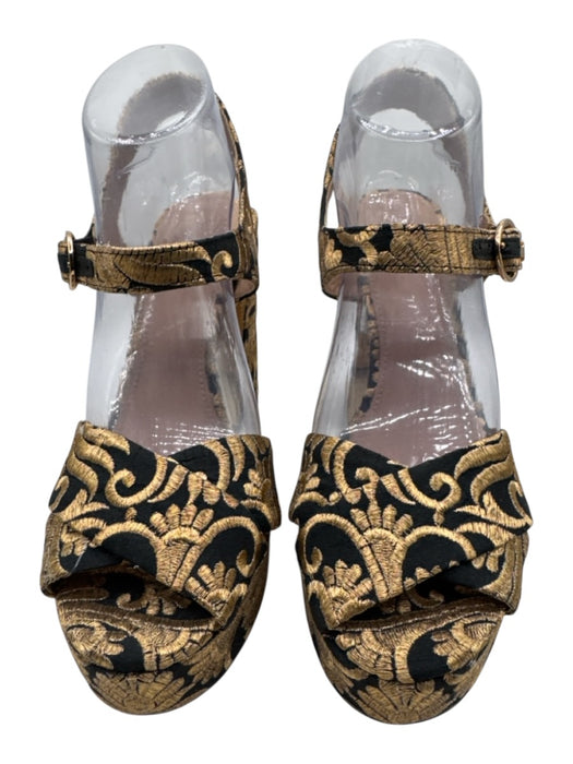 Tory Burch Shoe Size 9 Gold & Black Brocade Block Heel Platform Sandals Gold & Black / 9
