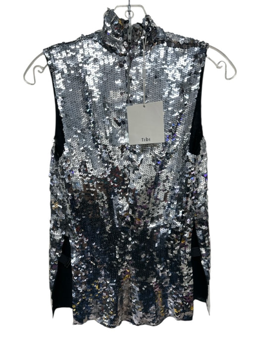 Tibi Size 2 Silver Silk Sequined Sleeveless Mock Neck Back Zip Top Silver / 2