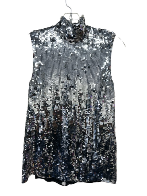Tibi Size 2 Silver Silk Sequined Sleeveless Mock Neck Back Zip Top Silver / 2