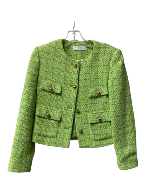 MNG Size XS Lime Green & Blue No Fabric Tag Round Neck Gold Buttons Short Jacket Lime Green & Blue / XS