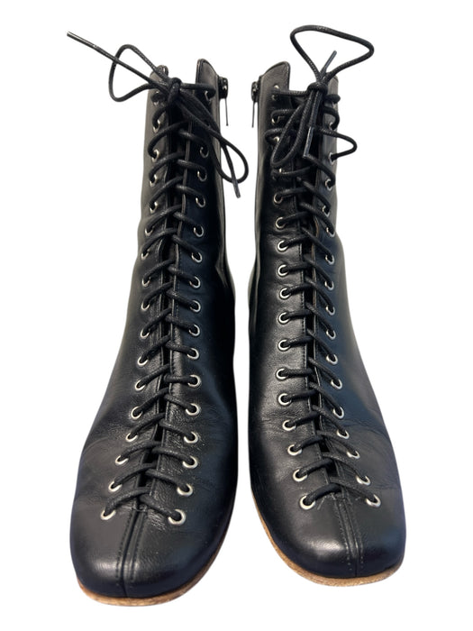 By Far Shoe Size 37 Black Leather Side Zip Almond Toe Block Heel Boots Black / 37
