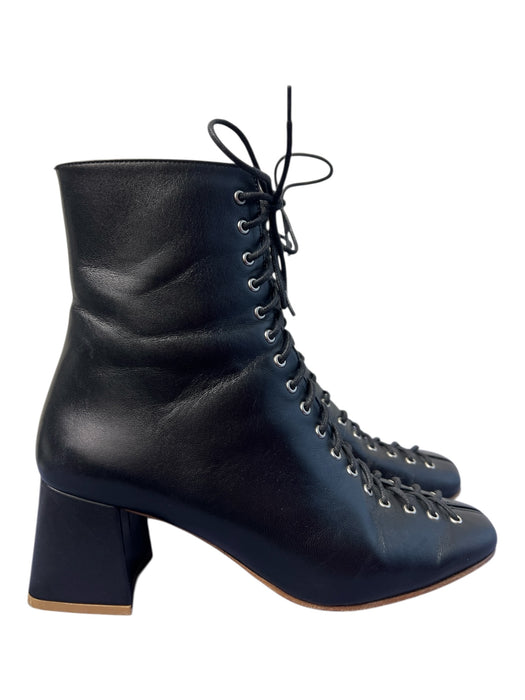 By Far Shoe Size 37 Black Leather Side Zip Almond Toe Block Heel Boots Black / 37