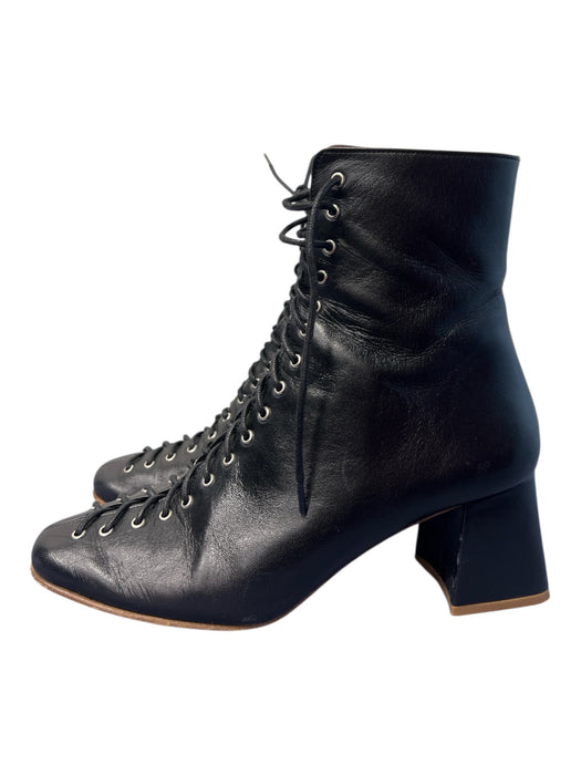 By Far Shoe Size 37 Black Leather Side Zip Almond Toe Block Heel Boots Black / 37