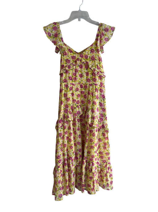 Banjanan Size XS Yellow & Pink Cotton V Neck Flutter Sleeve Floral Print Dress Yellow & Pink / XS