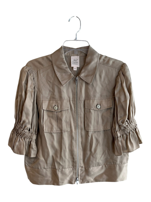 Cinq a Sept Size S Khaki Cupro Collared Zip Front 1/2 Puff Sleeve Jacket Khaki / S