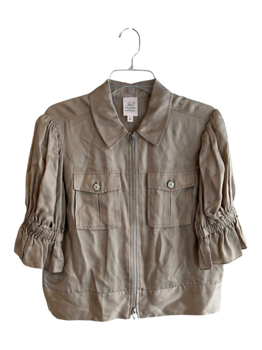 Cinq a Sept Size S Khaki Cupro Collared Zip Front 1/2 Puff Sleeve Jacket Khaki / S