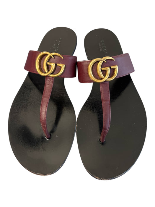 Gucci Shoe Size 37 Black & Maroon Leather Gold hardware Logo Flat Shoes Black & Maroon / 37