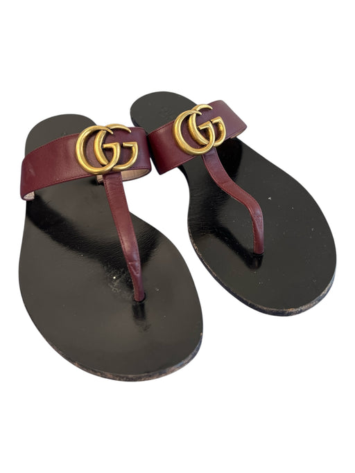 Gucci Shoe Size 37 Black & Maroon Leather Gold hardware Logo Flat Shoes Black & Maroon / 37