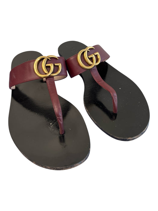 Gucci Shoe Size 37 Black & Maroon Leather Gold hardware Logo Flat Shoes Black & Maroon / 37
