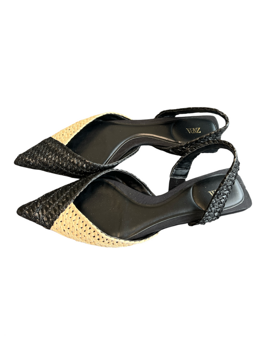 Zara Shoe Size 36 Black Woven Slingbacks Pointed Toe Square Heel Shoes Black / 36