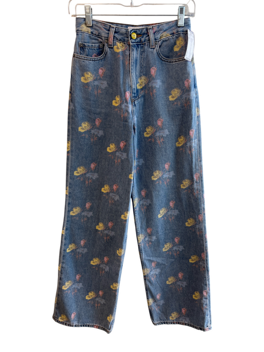 Ganni Size 26 Light Wash Cotton High Rise Butterflies Wide Leg 5 Pocket Jeans Light Wash / 26